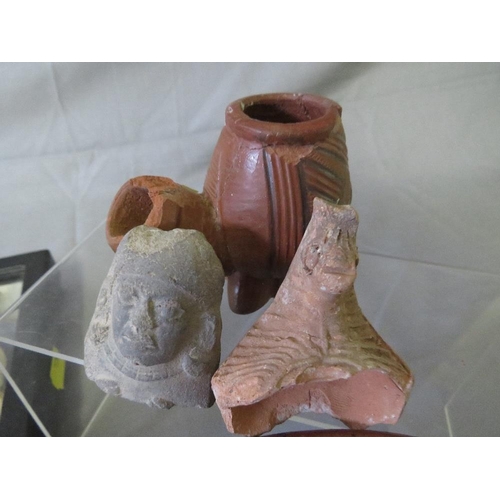 438 - PRE COLUMBIAN POTTERY BOWL, PIPE BOWL, STONE HEAD, and a collection of native American framed glazed... 