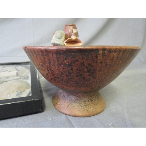 438 - PRE COLUMBIAN POTTERY BOWL, PIPE BOWL, STONE HEAD, and a collection of native American framed glazed... 