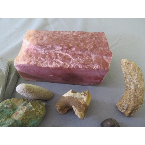 442 - NATIVE AMERICAN CATLINITE PIPE STONE, FOSSILS, ANCIENT TEETH, minerals, meteorite etc.