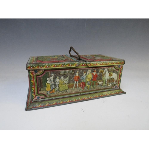 455 - A VINTAGE HUNTLEY AND PALMER MEDIEVAL THEMED BISCUIT TIN, of rectangular form, with twin hinged lid ... 