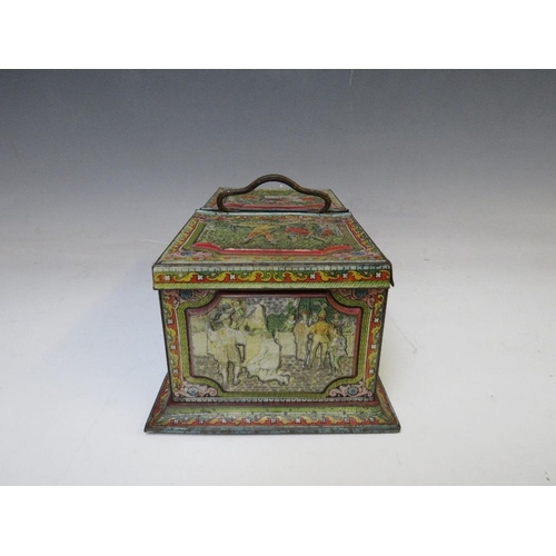 455 - A VINTAGE HUNTLEY AND PALMER MEDIEVAL THEMED BISCUIT TIN, of rectangular form, with twin hinged lid ... 