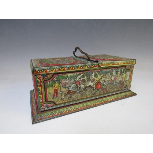 455 - A VINTAGE HUNTLEY AND PALMER MEDIEVAL THEMED BISCUIT TIN, of rectangular form, with twin hinged lid ... 