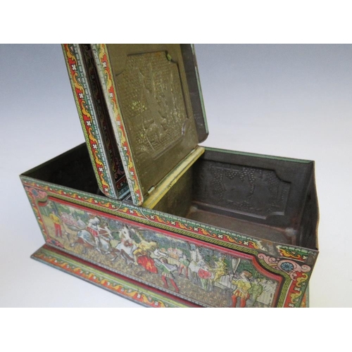 455 - A VINTAGE HUNTLEY AND PALMER MEDIEVAL THEMED BISCUIT TIN, of rectangular form, with twin hinged lid ... 