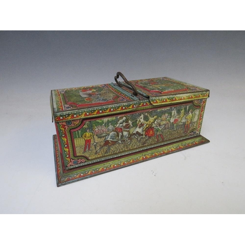 455 - A VINTAGE HUNTLEY AND PALMER MEDIEVAL THEMED BISCUIT TIN, of rectangular form, with twin hinged lid ... 