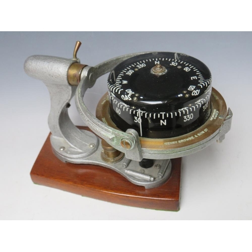 457 - HENRY BROWNE & SON 'SESTRAL' GIMBAL COMPASS, fitted on a wooden plinth, Pat No. 752093, No.84078/V