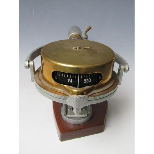 457 - HENRY BROWNE & SON 'SESTRAL' GIMBAL COMPASS, fitted on a wooden plinth, Pat No. 752093, No.84078/V