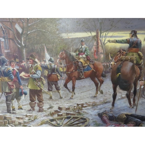 46 - RICHARD RHEAD SIMM (b.1926). Winter English Civil War scene with horses and numerous figures before ... 