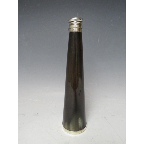 466 - A 19TH CENTURY HORN HUNTING FLASK, with white metal top and banding, H 24 cm