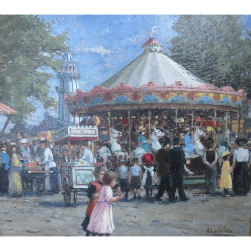 47 - HENNIE DE KORTE (b.1941). A fairground carousel, signed lower right, oil on canvas, framed, 59 x 69 ... 