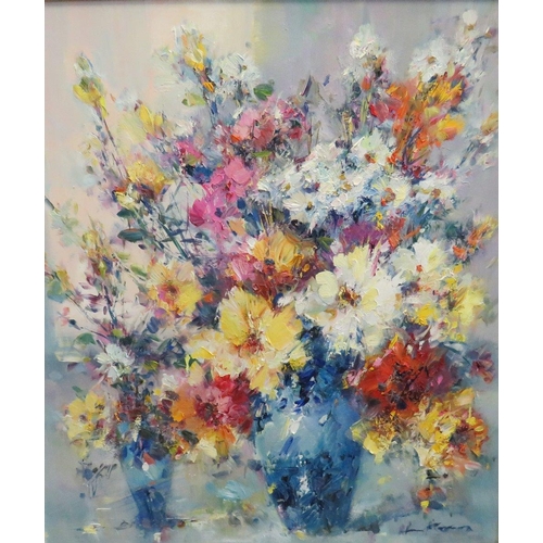 49 - CONTINENTAL SCHOOL (XX-XXI). A floral still life impressionist study, signed lower right, oil on can... 