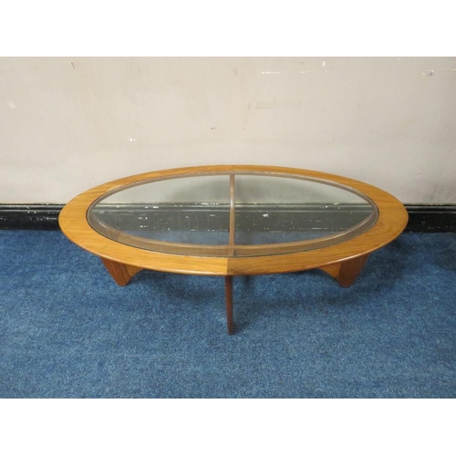 491 - A MID CENTURY G-PLAN TEAK AND GLASS OVAL COFFEE TABLE, H 41 cm, W 122 cm