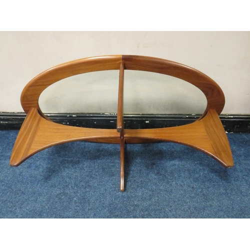 491 - A MID CENTURY G-PLAN TEAK AND GLASS OVAL COFFEE TABLE, H 41 cm, W 122 cm