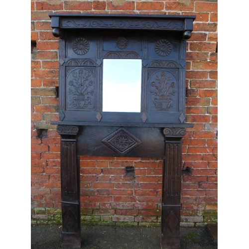 498 - A LATE 17TH / EARLY 18TH CENTURY AND LATER CARVED OAK FIRE SURROUND WITH MIRROR ABOVE, H 210 cm, W 1... 