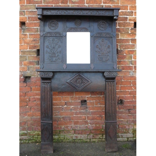 498 - A LATE 17TH / EARLY 18TH CENTURY AND LATER CARVED OAK FIRE SURROUND WITH MIRROR ABOVE, H 210 cm, W 1... 