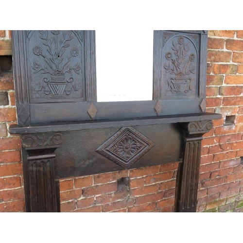 498 - A LATE 17TH / EARLY 18TH CENTURY AND LATER CARVED OAK FIRE SURROUND WITH MIRROR ABOVE, H 210 cm, W 1... 