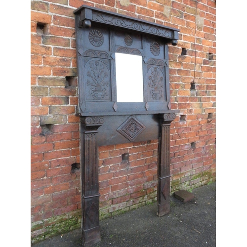 498 - A LATE 17TH / EARLY 18TH CENTURY AND LATER CARVED OAK FIRE SURROUND WITH MIRROR ABOVE, H 210 cm, W 1... 