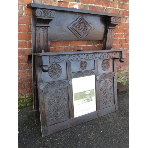 498 - A LATE 17TH / EARLY 18TH CENTURY AND LATER CARVED OAK FIRE SURROUND WITH MIRROR ABOVE, H 210 cm, W 1... 