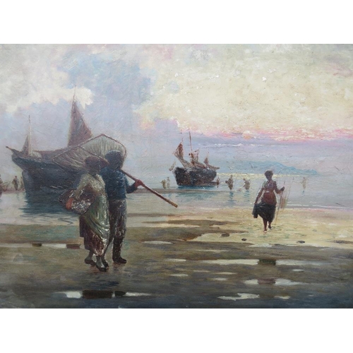 50 - ENGLISH SCHOOL (XIX). A beach scene with fishermen and boats, signed lower left (monogram) and dated... 