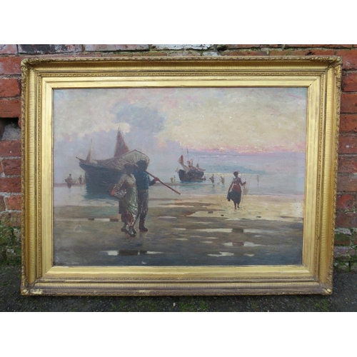 50 - ENGLISH SCHOOL (XIX). A beach scene with fishermen and boats, signed lower left (monogram) and dated... 