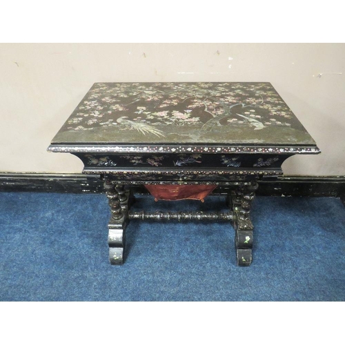 502 - A MID VICTORIAN EBONISED AND MOTHER OF PEARL WORK TABLE, the top opening to reveal numerous compartm... 