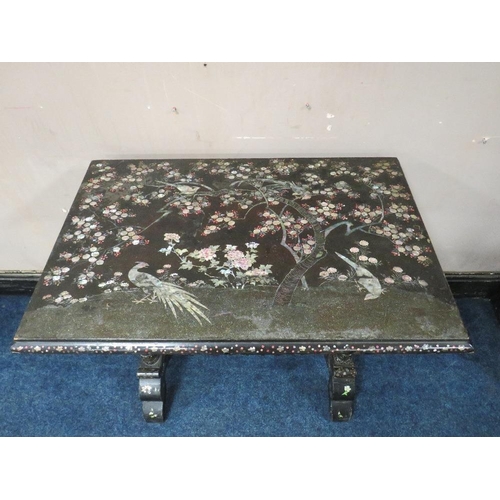 502 - A MID VICTORIAN EBONISED AND MOTHER OF PEARL WORK TABLE, the top opening to reveal numerous compartm... 