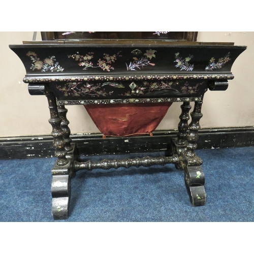 502 - A MID VICTORIAN EBONISED AND MOTHER OF PEARL WORK TABLE, the top opening to reveal numerous compartm... 