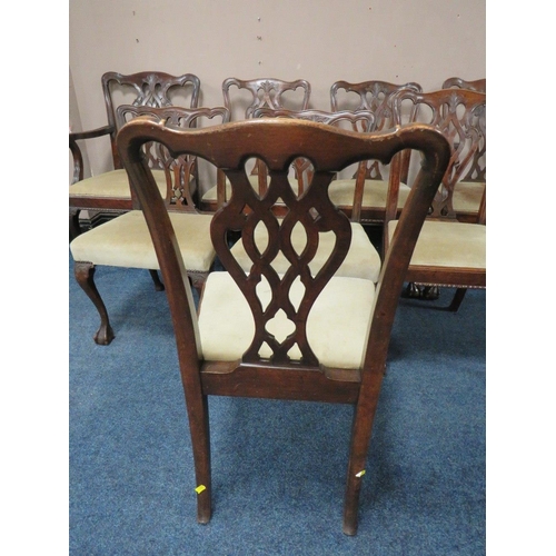 506 - A SET OF EIGHT ANTIQUE CHIPPENDALE STYLE DINING CHAIRS, with pierced splats, raised on cabriole supp... 