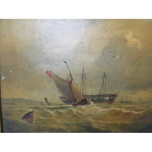 60 - A 19TH CENTURY STORMY COASTAL SCENE, with sailing vessels in a heavy swell 'After The Gales On Flamb... 