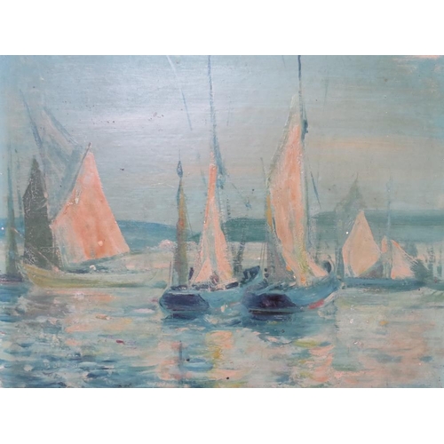 63 - AN IMPRESSIONIST COASTAL SCENE WITH SAILING VESSELS, indistinctly signed and dated 1946 lower right,... 