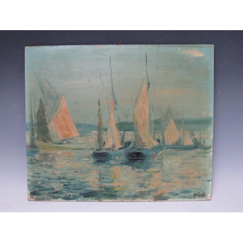 63 - AN IMPRESSIONIST COASTAL SCENE WITH SAILING VESSELS, indistinctly signed and dated 1946 lower right,... 