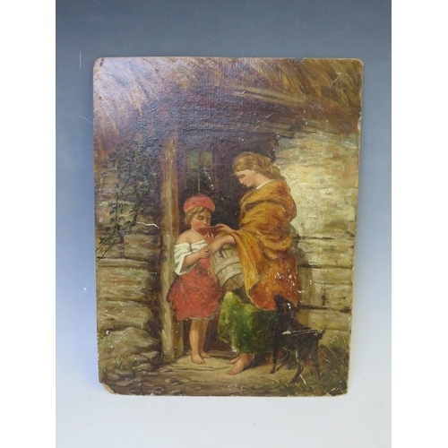 64 - A 19TH CENTURY RUSTIC THATCHED COTTAGE SCENE, with woman, child and dog at doorway, unsigned, oil on... 