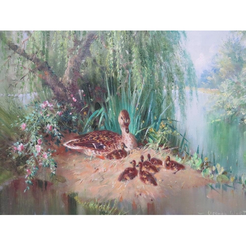 67 - VERNON WARD (1905-1985). Wooded river scene with duck and chicks 'Summer Babies', see verso, signed ... 