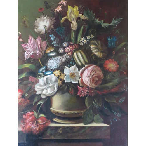 72 - A 20TH CENTURY STILL LIFE STUDY OF FLOWERS ON A LEDGE, indistinctly signed lower left, oil on canvas... 