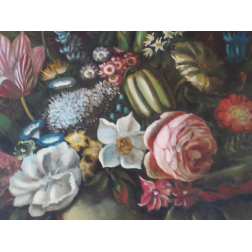 72 - A 20TH CENTURY STILL LIFE STUDY OF FLOWERS ON A LEDGE, indistinctly signed lower left, oil on canvas... 