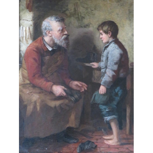 73 - A 19TH CENTURY INTERIOR SCENE 'THE COBBLERS APPRENTICE', indistinctly signed with monogram and dated... 