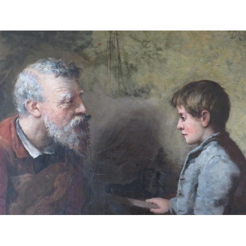 73 - A 19TH CENTURY INTERIOR SCENE 'THE COBBLERS APPRENTICE', indistinctly signed with monogram and dated... 