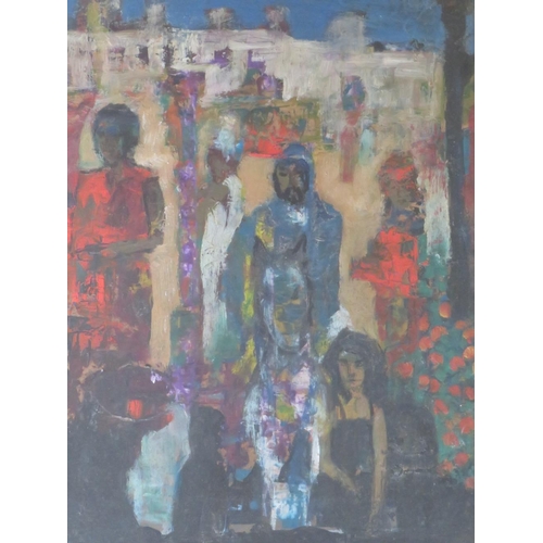 74 - BELLANY (XX). Modernist study of a street scene with figures, signed lower left, oil on board, frame... 