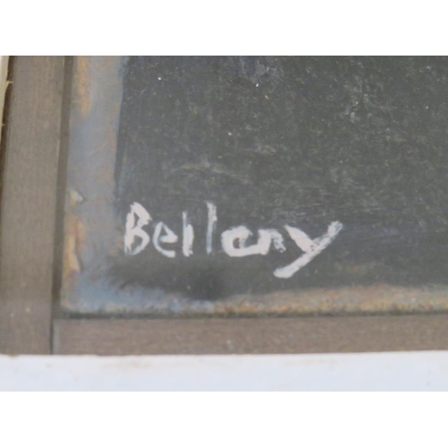 74 - BELLANY (XX). Modernist study of a street scene with figures, signed lower left, oil on board, frame... 