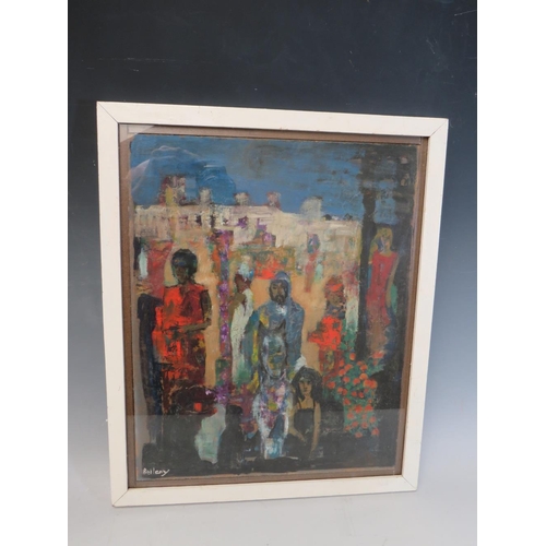 74 - BELLANY (XX). Modernist study of a street scene with figures, signed lower left, oil on board, frame... 