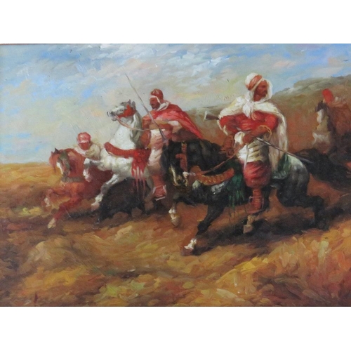 77 - (XX-XIX). Study of Arab horsemen on horseback, unsigned, oil on board, framed, 12 x 17 cm