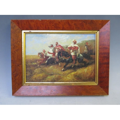 77 - (XX-XIX). Study of Arab horsemen on horseback, unsigned, oil on board, framed, 12 x 17 cm