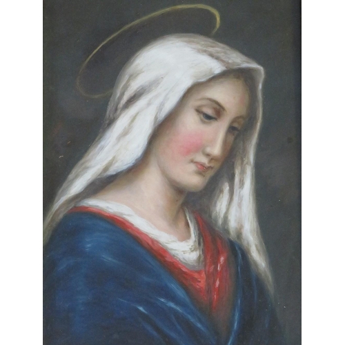 79 - (XIX-XX). A portrait study of The Madonna, indistinctly signed lower right, oil on board, framed and... 