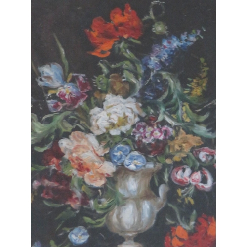 80 - M.G. DAVIS (XIX-XX). Still life study of flowers in an urn resting on a ledge, signed lower right, o... 