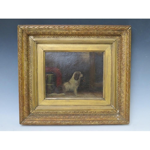 82 - (XIX). A barn interior scene with terrier, unsigned, oil on board, framed, 19 x 24 cm