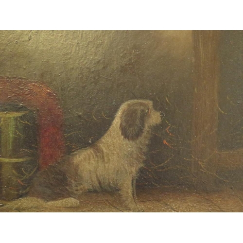 82 - (XIX). A barn interior scene with terrier, unsigned, oil on board, framed, 19 x 24 cm