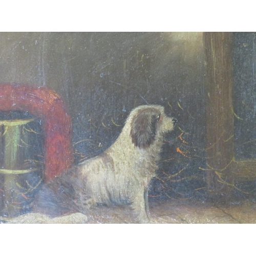 82 - (XIX). A barn interior scene with terrier, unsigned, oil on board, framed, 19 x 24 cm