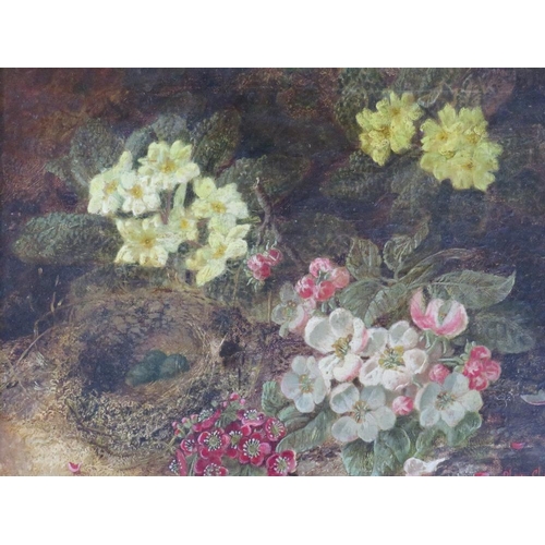 83 - OLIVER CLARE (1853-1927). Still life study of flowers and a birds nest on a mossy bank, signed lower... 