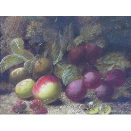 84 - OLIVER CLARE (1853-1927). Still life study of fruit on a mossy bank, signed lower right, oil on canv... 