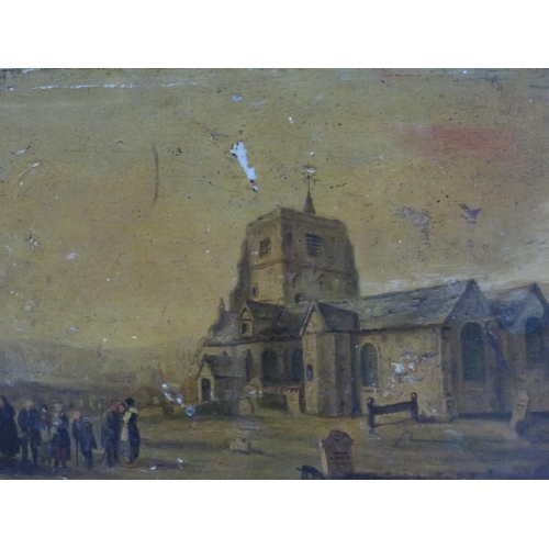 85 - A 19TH CENTURY RURAL SCENE WITH FIGURES IN A CHURCHYARD, unsigned, oil on panel, unframed, 12 x 20 c... 