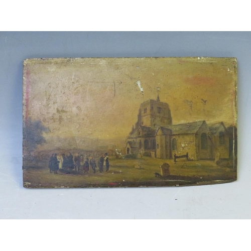 85 - A 19TH CENTURY RURAL SCENE WITH FIGURES IN A CHURCHYARD, unsigned, oil on panel, unframed, 12 x 20 c... 